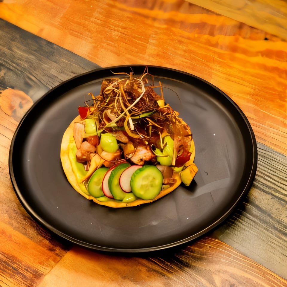 Boca Del Mar tostada with meat, cucumbers, radishes, and crispy toppings on a black plate.