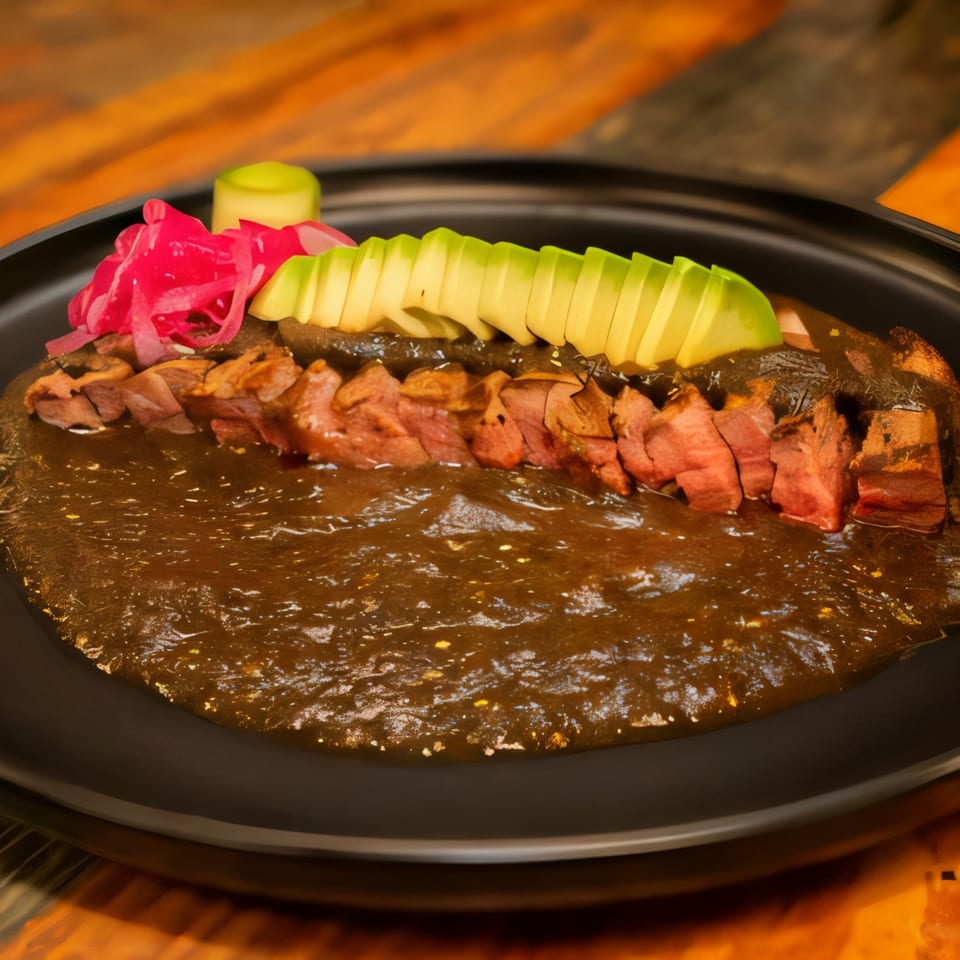 Sliced meat in dark mole sauce, topped with avocado and pickled red onions on a black plate.