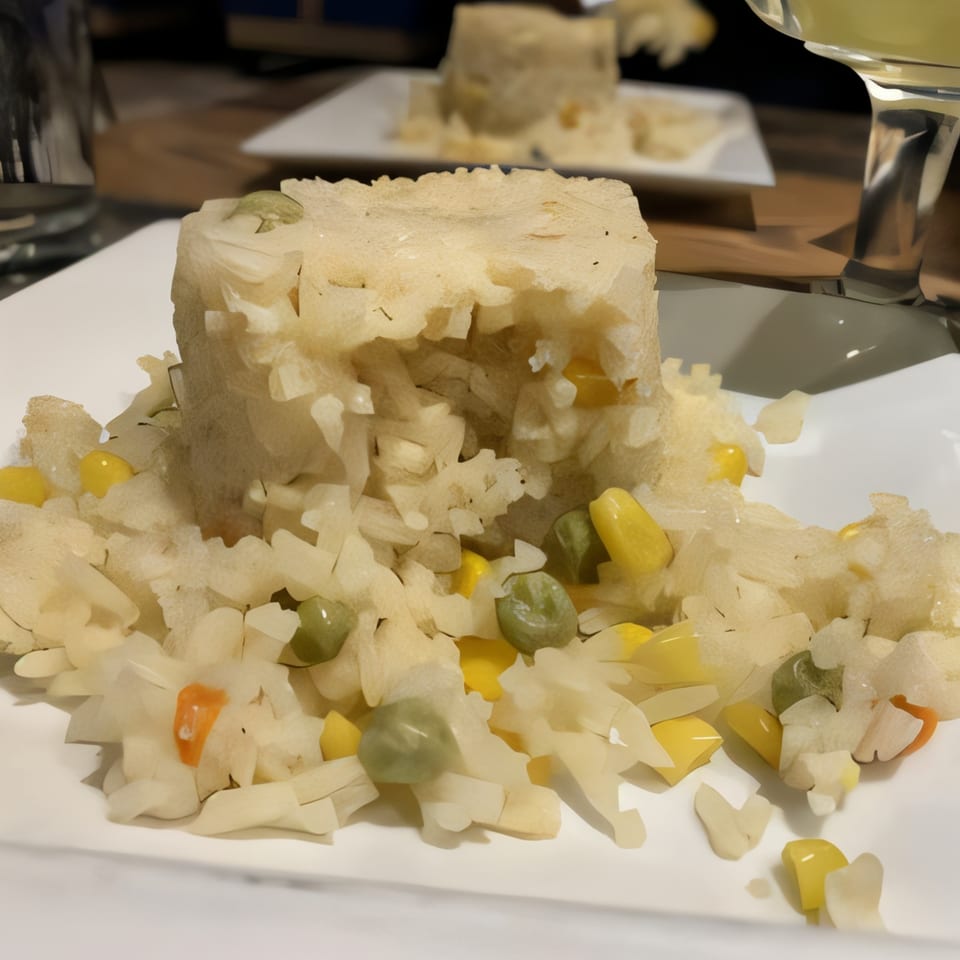 Molded white rice with peas and corn on a white plate at Boca Del Mar.