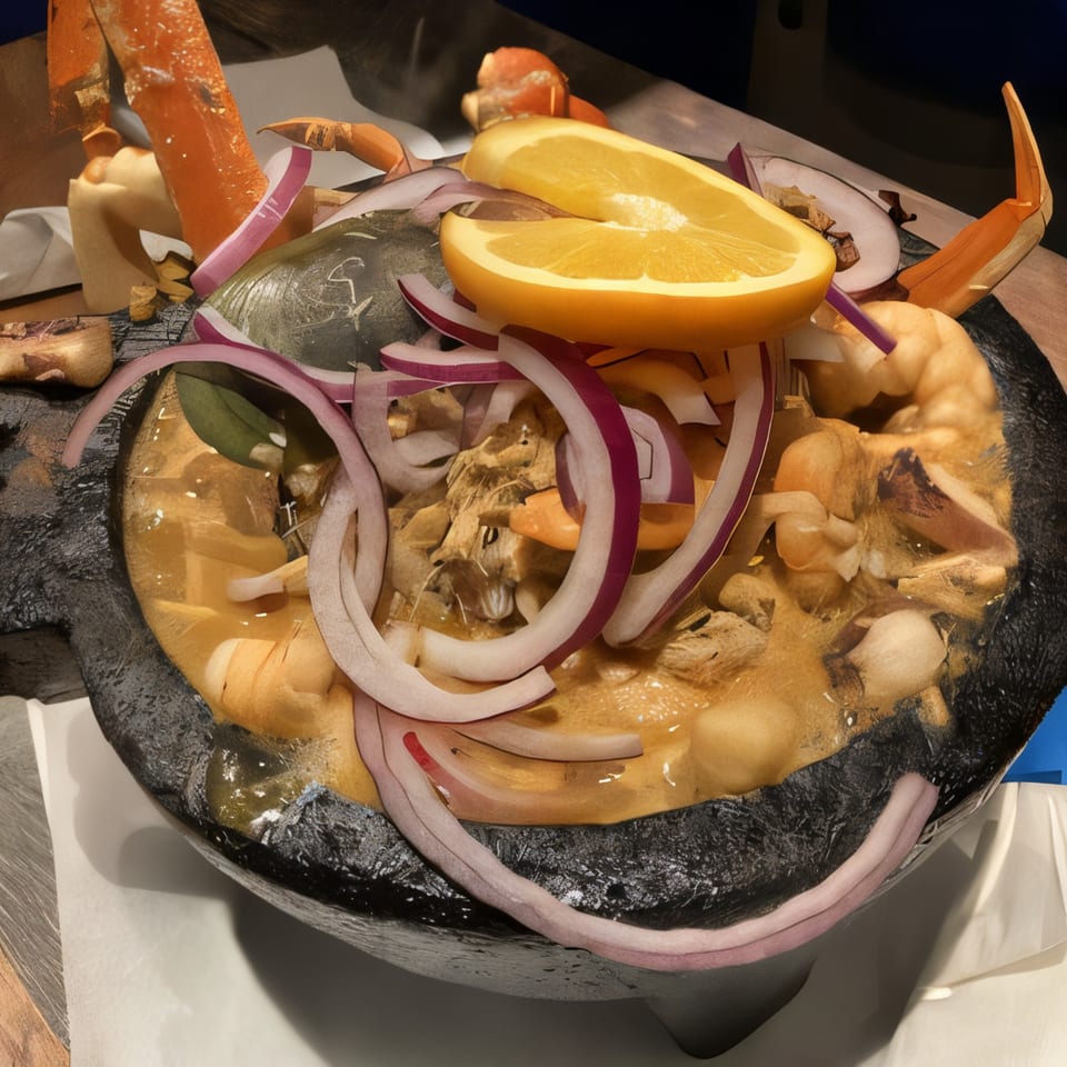 Boca Del Mar's Mexican seafood dish in a dark bowl, garnished with orange slices and red onions.