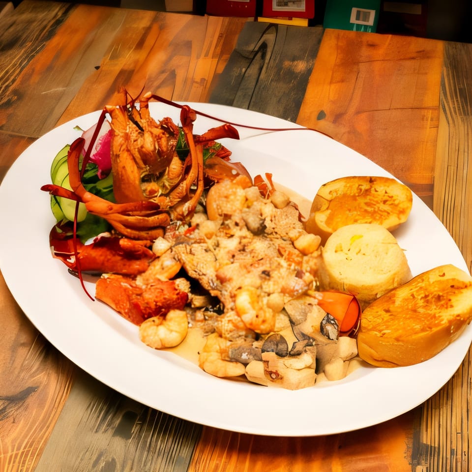 A Mexican seafood dish featuring a whole lobster, shrimp, and toasted bread on a white plate.